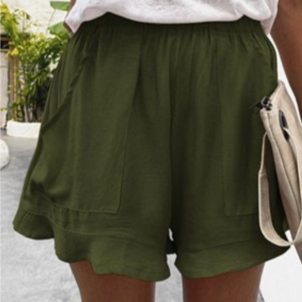 NEW•1X-2X- Olive Bohemian Chic Flowy Linen Style Shorts With Pockets